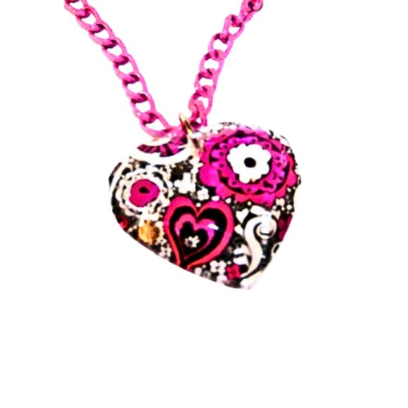 Pink Paisley Glass Heart Necklace - Picture 2 of 4